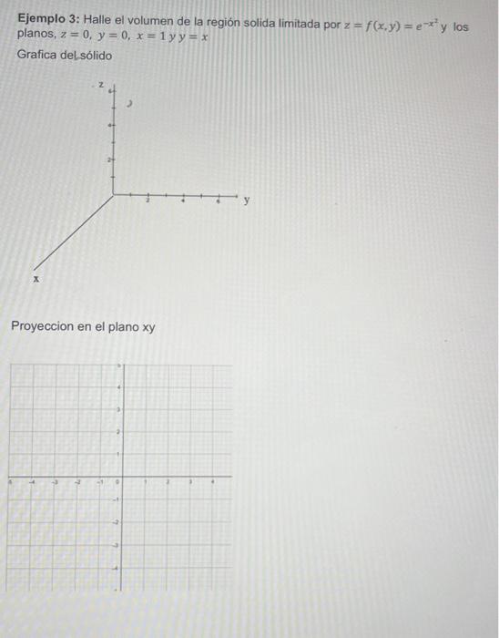 Ejemplo 3: Halle el volumen de la región solida limitada por \( z=f(x, y)=e^{-x^{2}} \) y los planos, \( z=0, y=0, x=1 \) y \