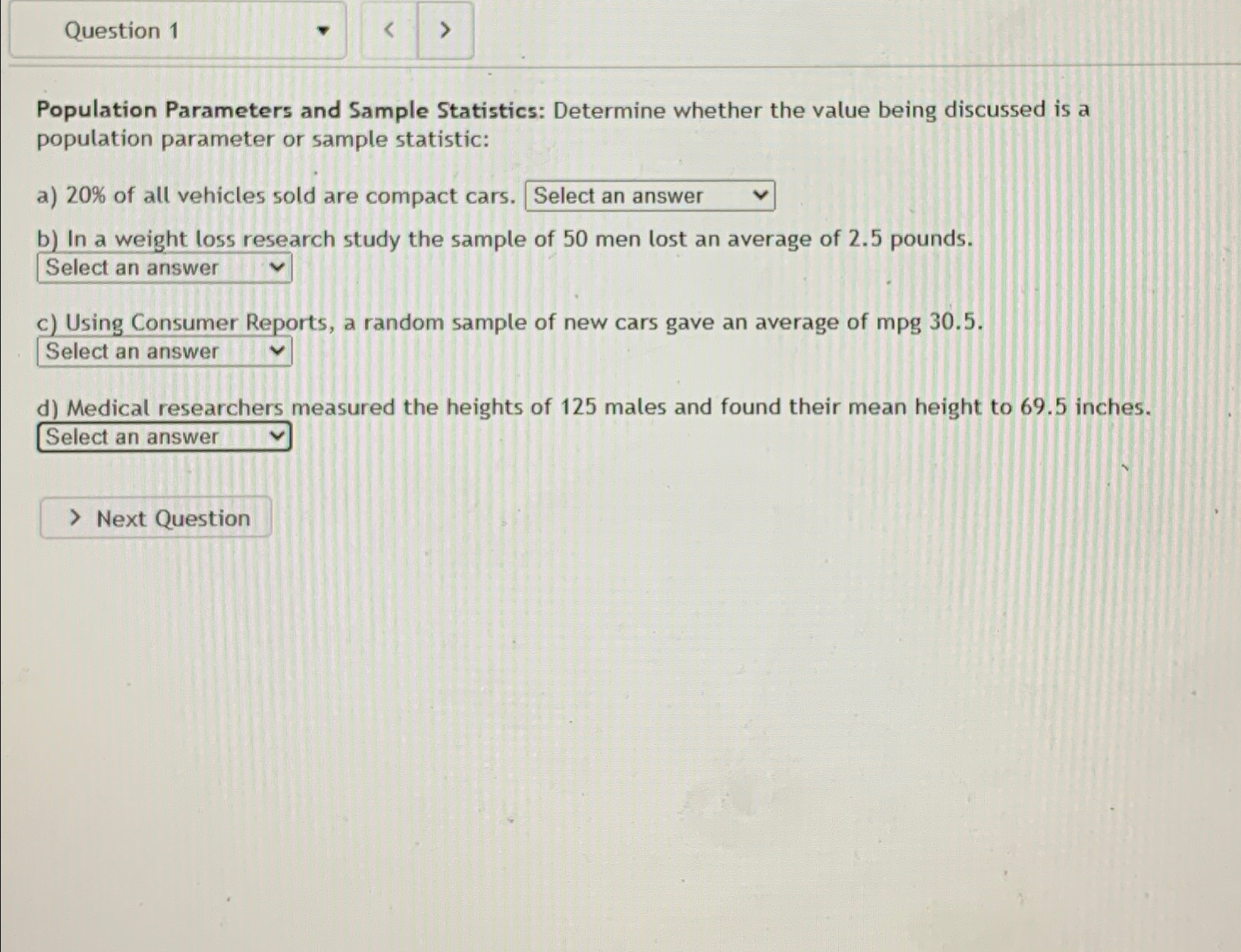 Solved Question 1Population Parameters and Sample | Chegg.com