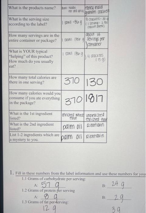 Using nutrition labels comparison activity 1. Fill in | Chegg.com