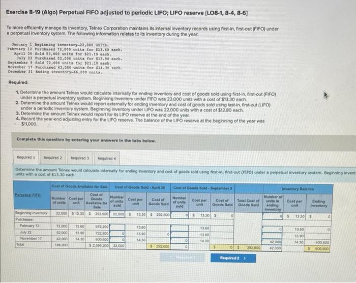 Solved Exercise 8-19 (Algo) Perpetual FIFO Adjusted To | Chegg.com