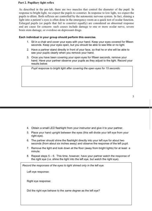 Solved Part 2. Pupillary light reflex As described in the | Chegg.com