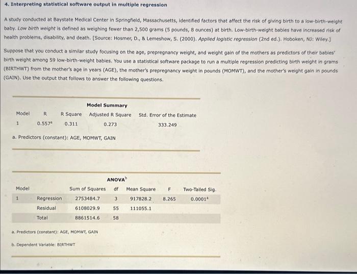 Solved 4. Interpreting statistical software output in | Chegg.com