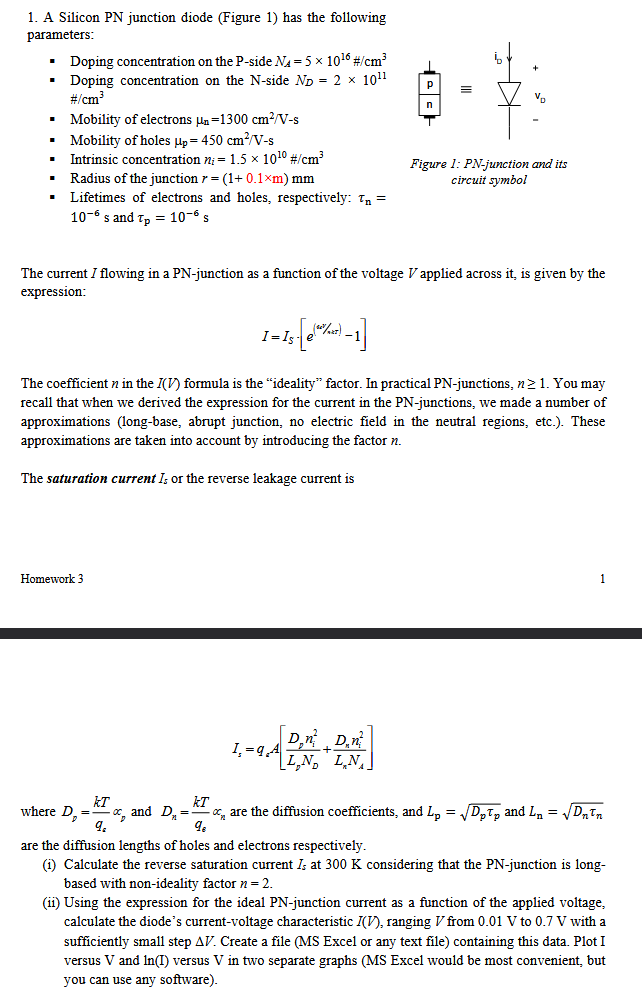 Solved A Silicon PN junction diode (Figure 1) ﻿has the | Chegg.com