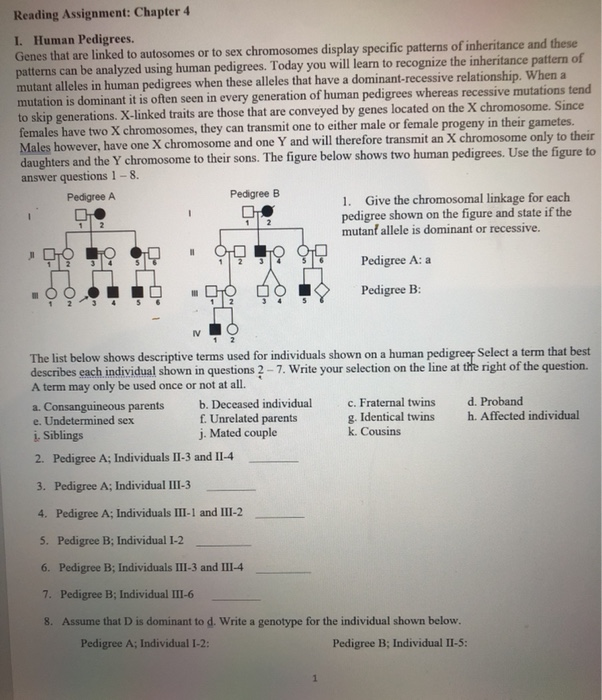Solved Reading Assignment: Chapter 4 1. Human Pedigrees. | Chegg.com
