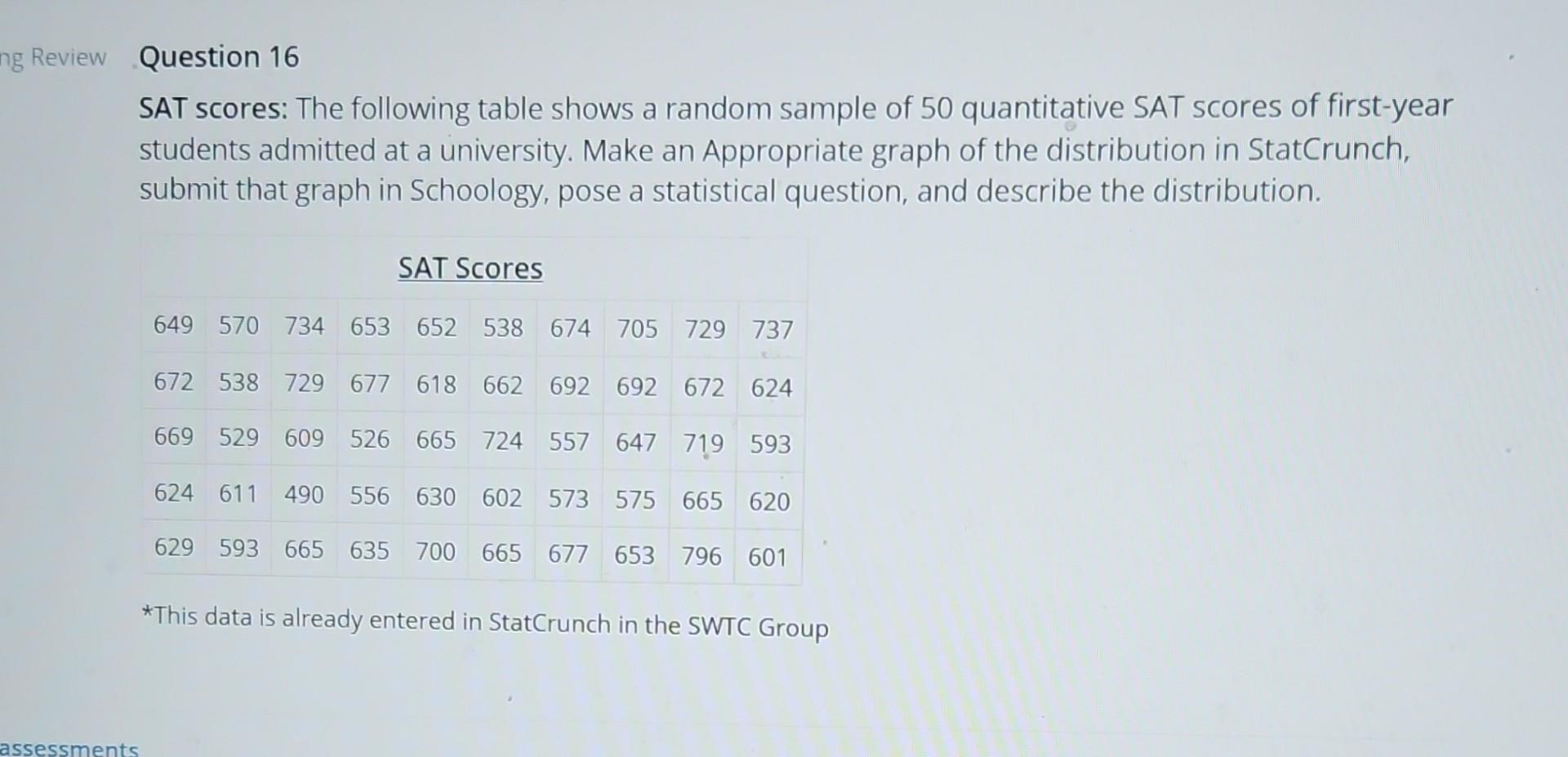 Solved Question 16 SAT scores The following table shows a