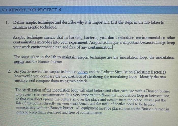 Solved AB REPORT FOR PROJECT 6 1. Define Aseptic Technique | Chegg.com