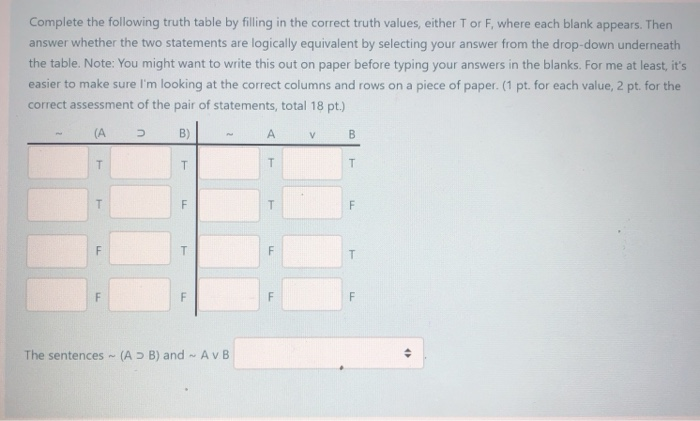 Solved Complete The Following Truth Table By Filling In The | Chegg.com