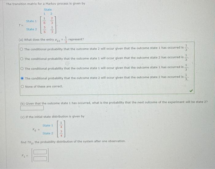 Solved The transition matrix for a Markov process is given | Chegg.com