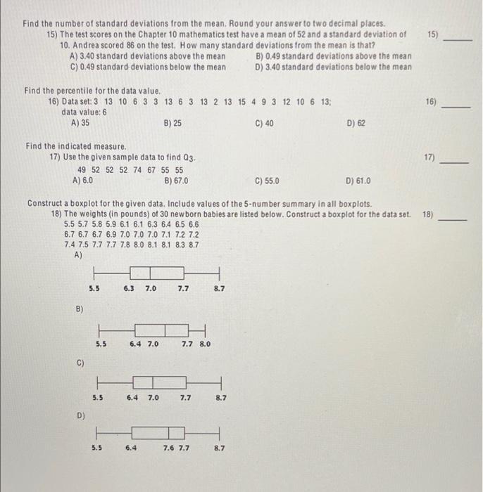 Solved 10) Find the standard deviation of the data | Chegg.com