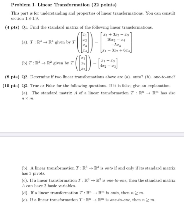 Solved Problem I Linear Transformation 22 Points This Chegg Com