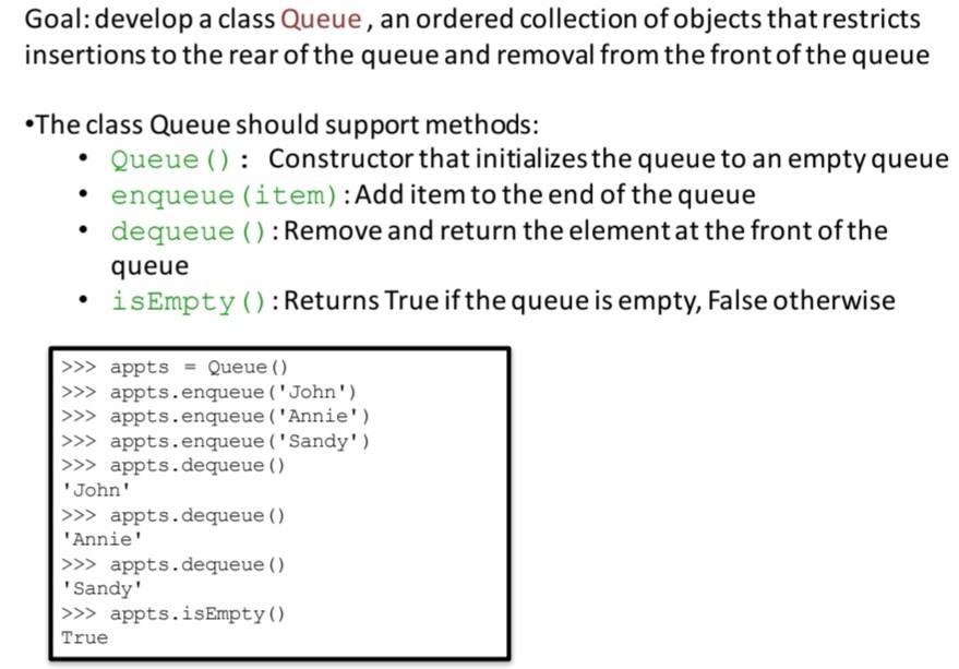 Solved Goal: develop a class Queue, an ordered collection of | Chegg.com