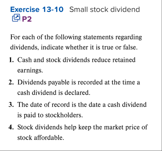 Solved Exercise 13-10 ﻿Small stock dividend ﻿P2For each of | Chegg.com