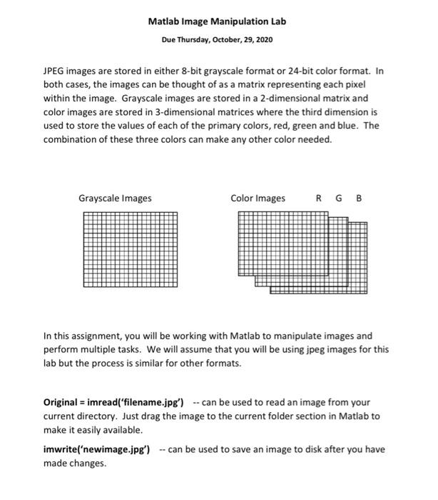 Solved Matlab Image Manipulation Lab Due Thursday, October, | Chegg.com