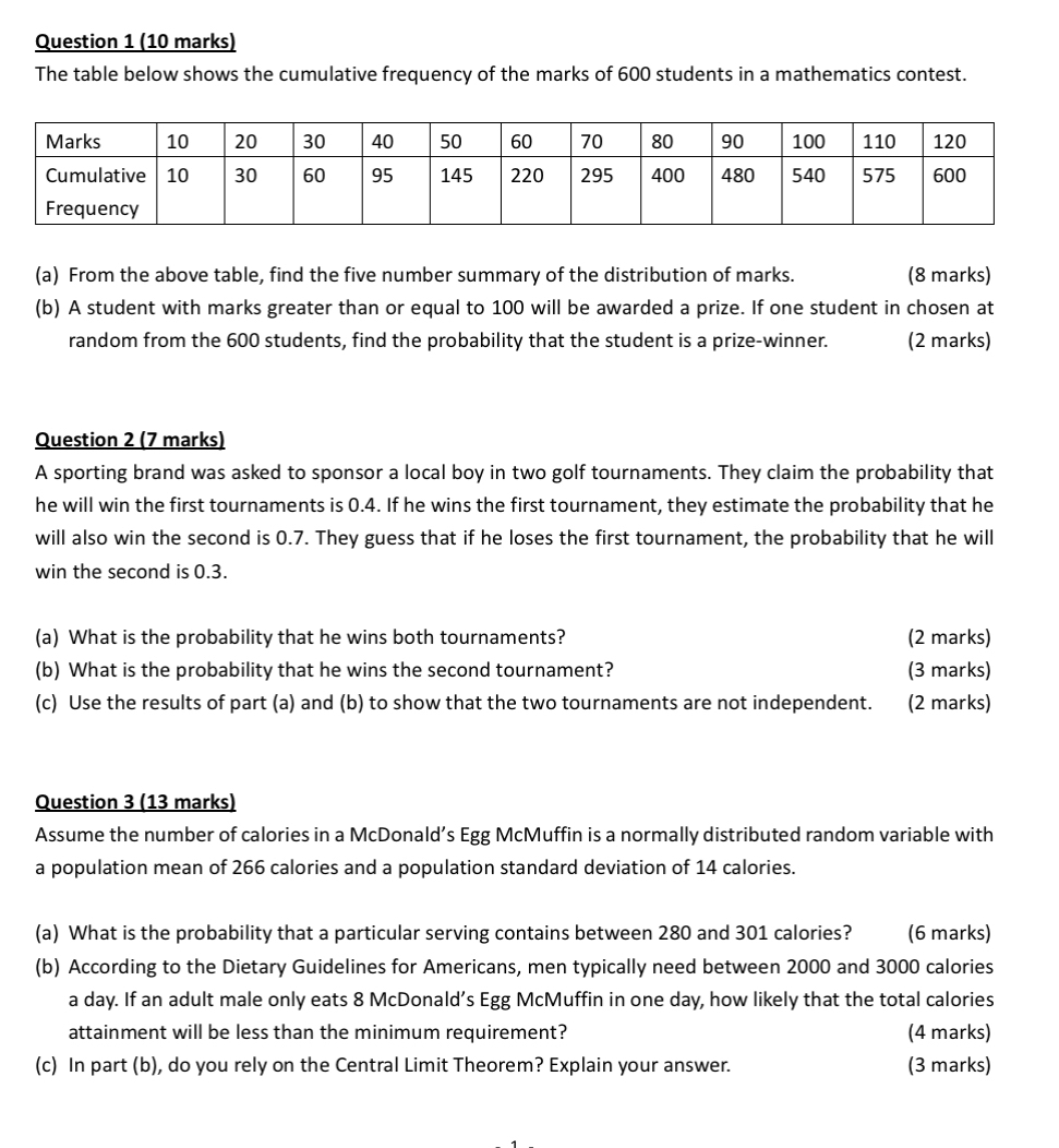 Solved Question 1 (10 ﻿marks)The table below shows the | Chegg.com