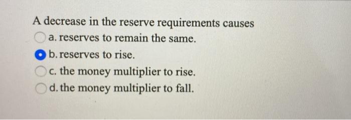 Solved A decrease in the reserve requirements causes a. | Chegg.com