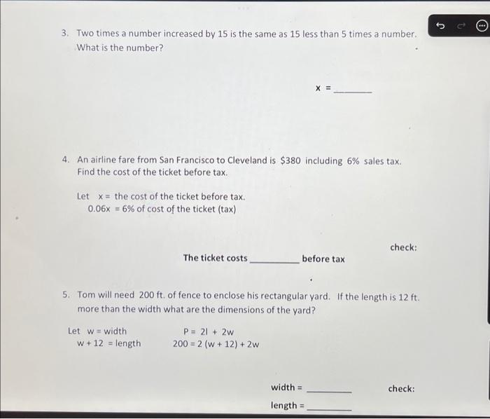 Solved 3. Two times a number increased by 15 is the same as | Chegg.com