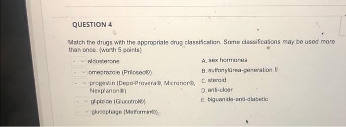 Solved Match the drugs with the appropriate drug | Chegg.com