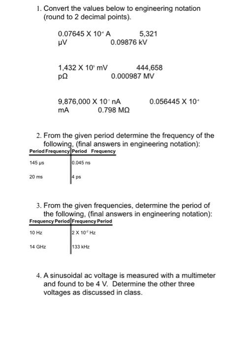 Solved 1. Convert the values below to engineering notation