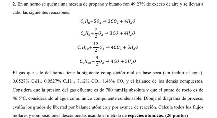 2. En un horno se quema una mezcla de propano y butano con \( 49.27 \% \) de exceso de aire y se llevan a cabo las siguientes