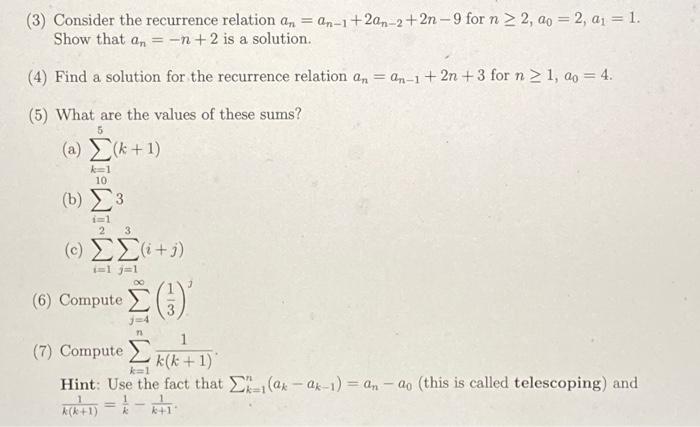 Solved (3) Consider the recurrence relation | Chegg.com