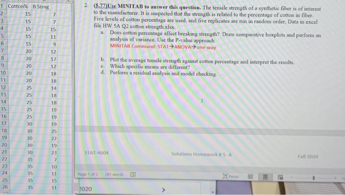 Solved 2. (5.77)Use MINITAB to answer this question. The | Chegg.com