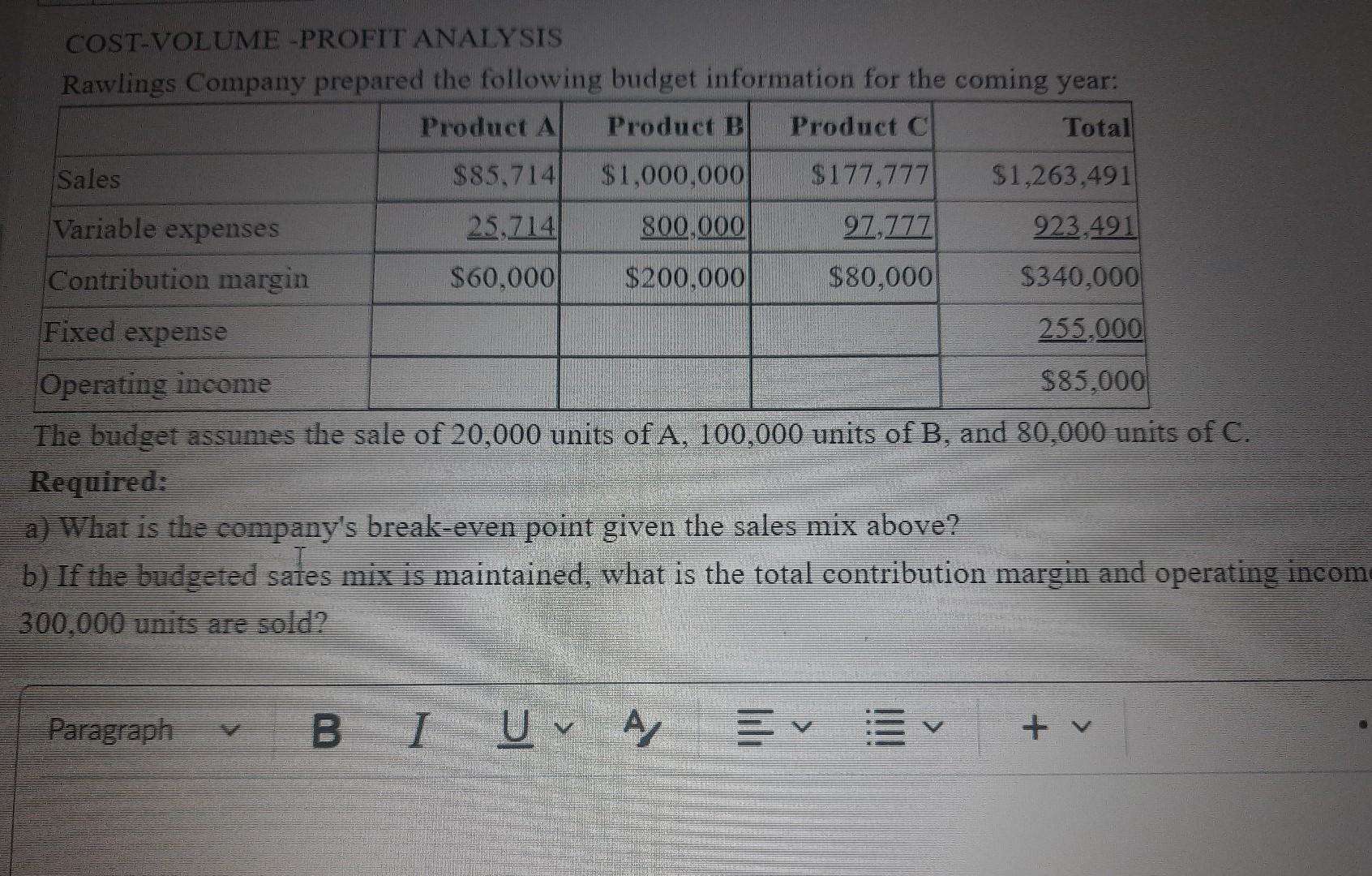 Solved COSTVOLUME PROFIT ANALYSIS Rawlings Company
