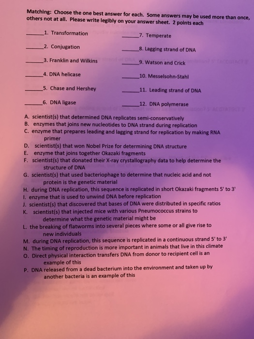 Solved Matching: Choose the one best answer for each. Some | Chegg.com