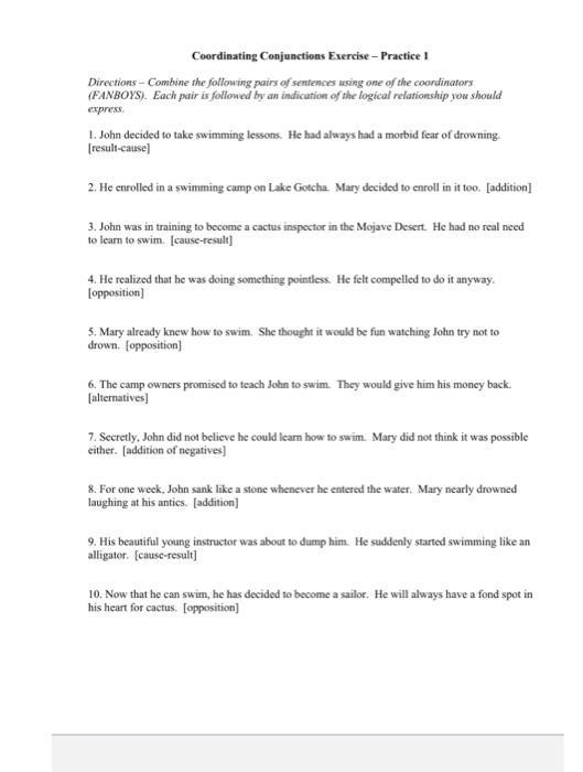 Coordinating Conjunctions Exercise - Practice 2 | Chegg.com