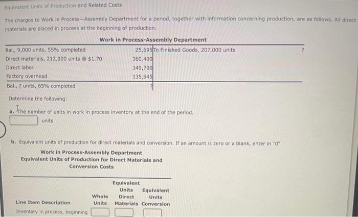Solved Work in Process-Assembly Department Equivalent Units | Chegg.com