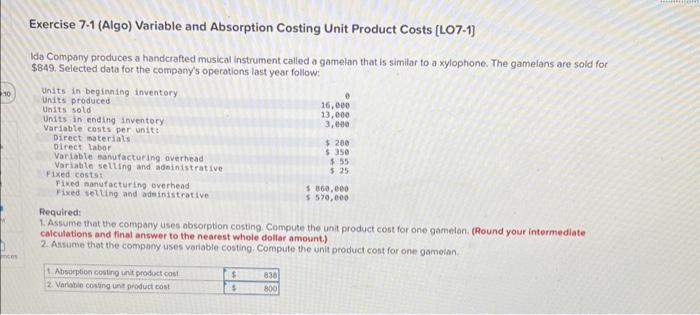 Solved Exercise 7-1 (Algo) Variable And Absorption Costing | Chegg.com