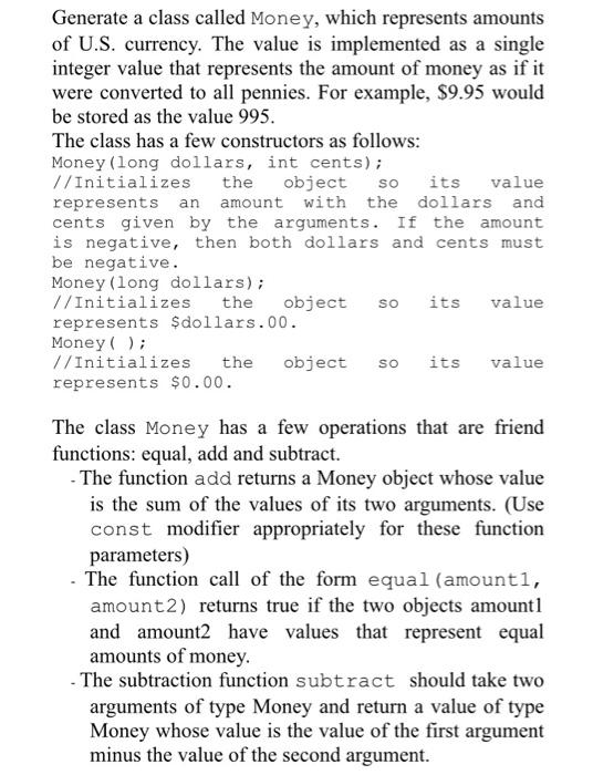 Solved Generate a class called Money, which represents | Chegg.com
