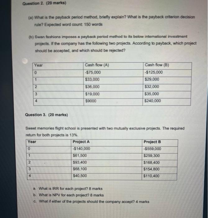 Solved Question 2. (20 marks) (a) What is the payback period | Chegg.com