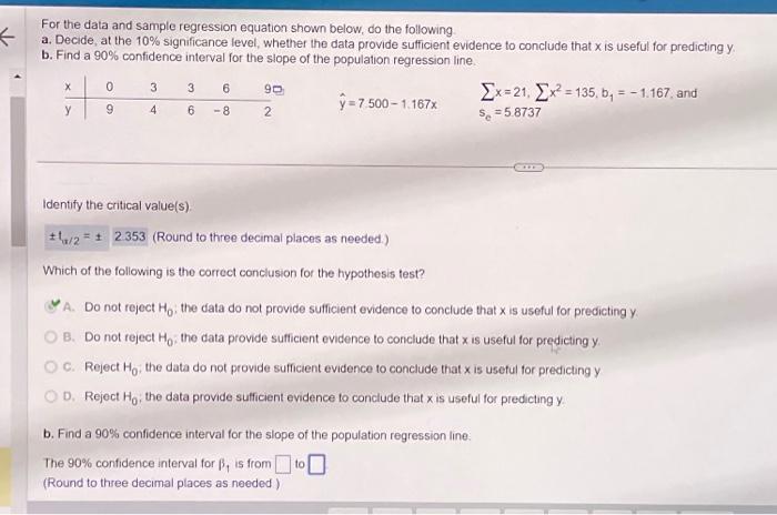 Solved 8. find a 90% confidence interval for the slope of | Chegg.com