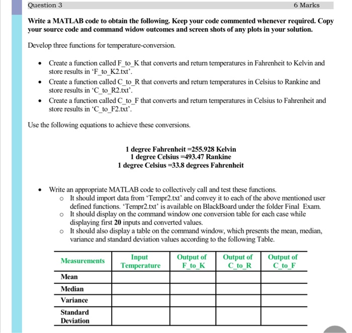 Solved Question 3 6 Marks Write a MATLAB code to obtain the | Chegg.com