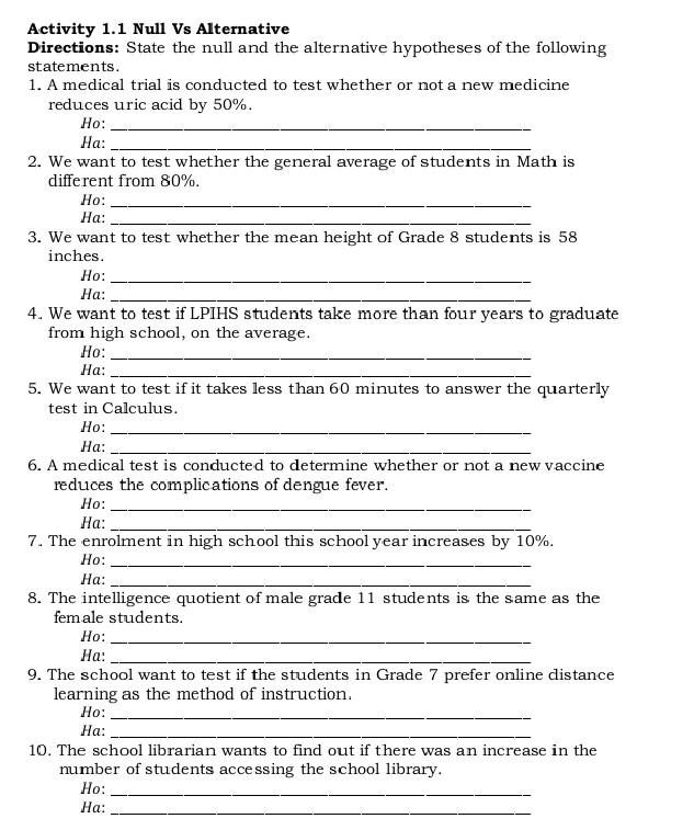 Solved Activity 1.1 Null Vs Alternative Directions: State | Chegg.com