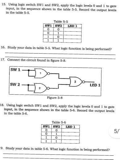 15. Using logic switch SW1 and SW2, apply the logic levels and 1 to gate input, in the sequence shown in the table 5-5. Recor