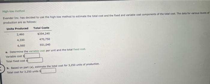 Solved High-low method Evander Inc. has decided to use the | Chegg.com