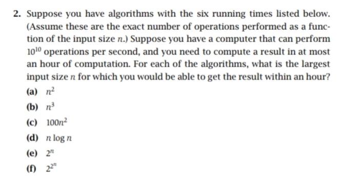 Solved 2. Suppose you have algorithms with the six running | Chegg.com