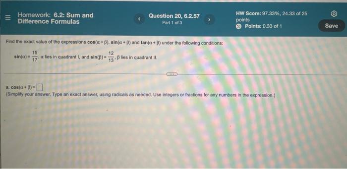 Solved Homework: 6.2: Sum and Difference Formulas Question | Chegg.com
