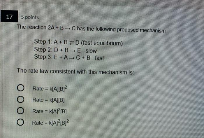 Solved 17 5 points The reaction 2A + B - C has the following | Chegg.com