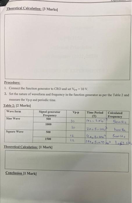 Procedure:
1. Connect the function generator to \( \mathrm{CRO} \) and set \( \mathrm{V}_{P P}=10 \mathrm{~V} \).
2. Set the 