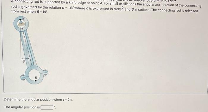 A connecting rod is supported by a knife-edge at point \( A \). For small oscillations the angular acceleration of the connec