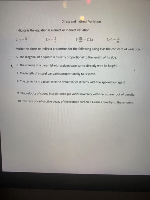 Solved Direct and Indirect Variation Indicate is the | Chegg.com