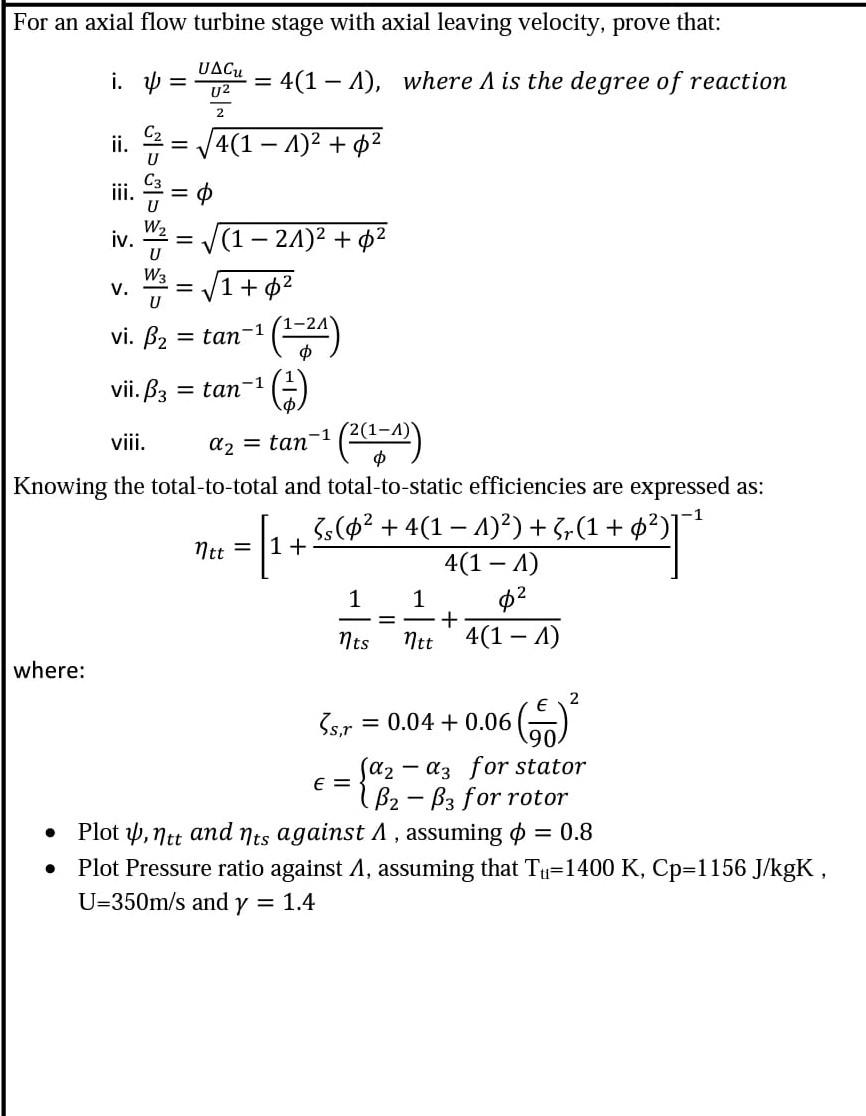 Solved For an axial flow turbine stage with axial leaving | Chegg.com