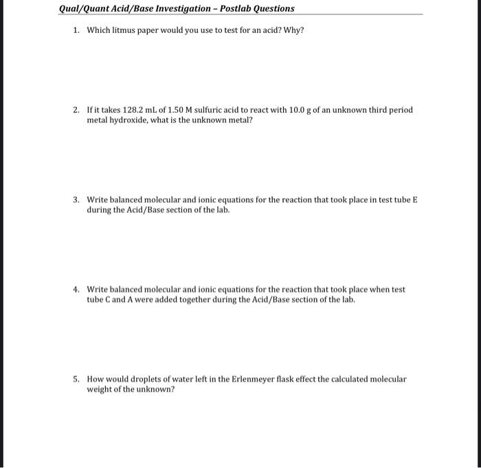 Solved Qual/Quant Acid/Base Investigation - Prelab Questions | Chegg.com