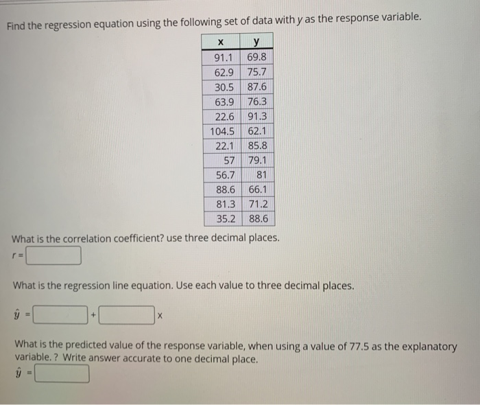 Solved у Find the regression equation using the following | Chegg.com