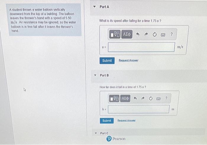 Solved Part A A student throws a water balloon vertically | Chegg.com