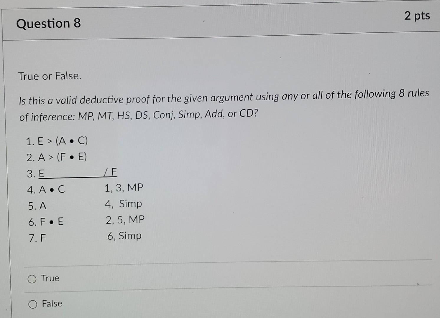 Solved Question 6 True or False. Is this a valid deductive | Chegg.com