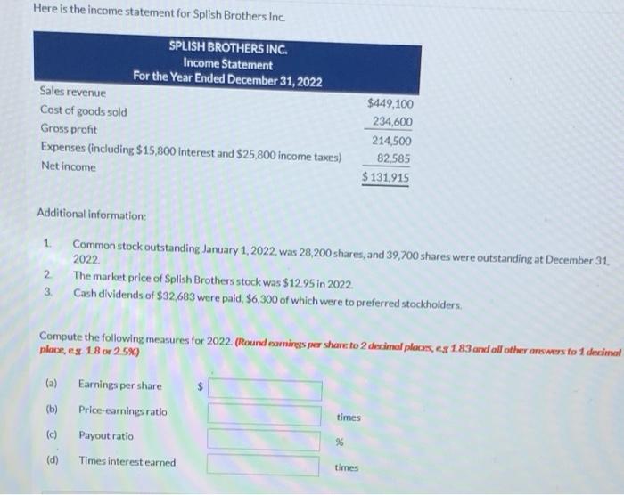Solved Here is the income statement for Splish Brothers Inc | Chegg.com