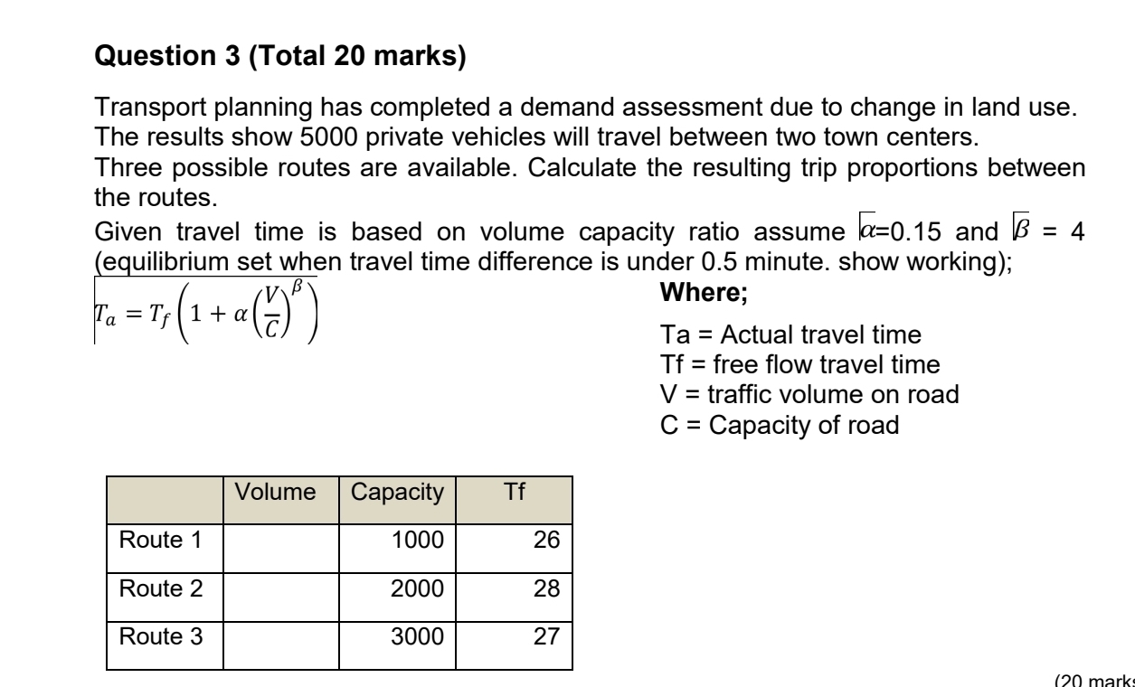 Solved Question 3 (Total 20 ﻿marks)Transport planning has | Chegg.com